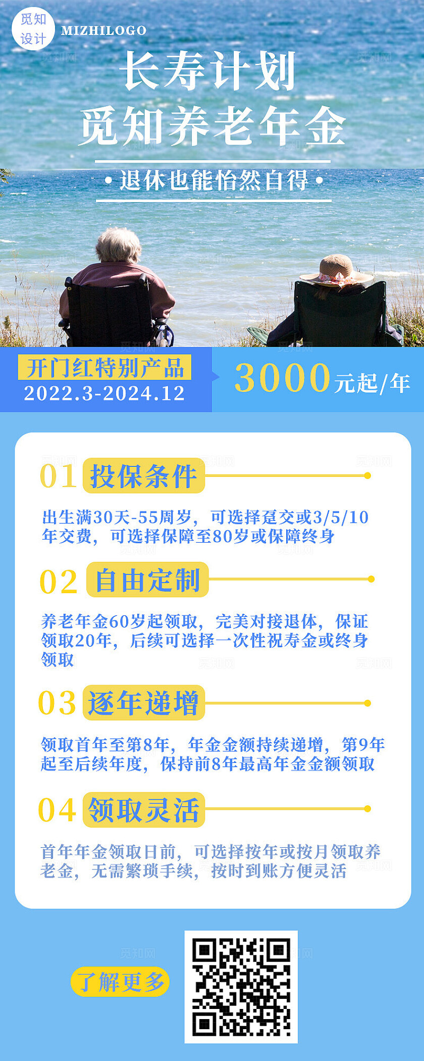 蓝色清新2024长寿计划觅知养老年金长图海报模板海报长图