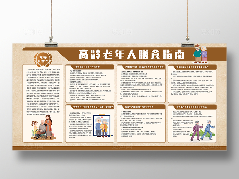棕色简约插画风高龄老年人膳食指南健康宣传栏展板均衡营养与健康饮食