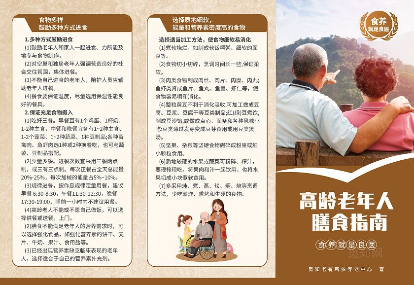 棕色高龄老年人营养膳食指南三折页均衡营养与健康饮食