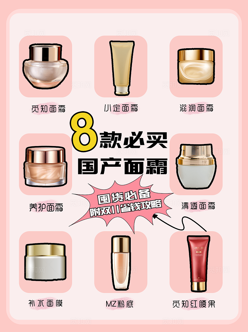 粉色平面简约8款必买国产面霜模版小红书封面