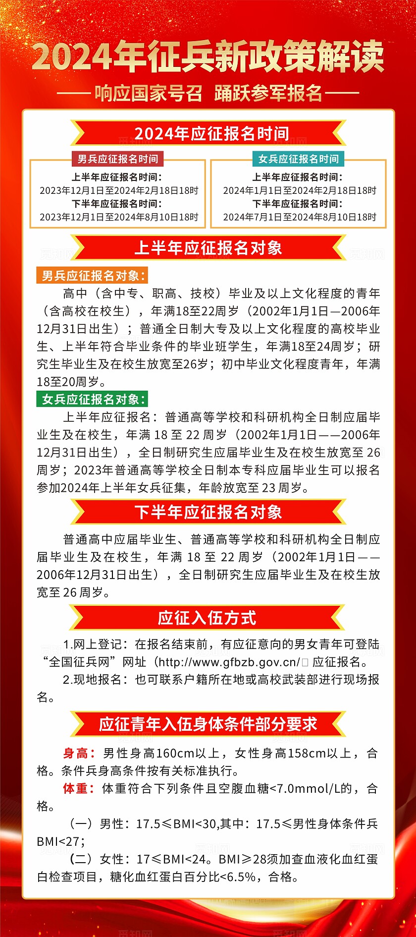 红色简约2024年征兵入伍流程展架背景参军2024春季征兵展架易拉宝