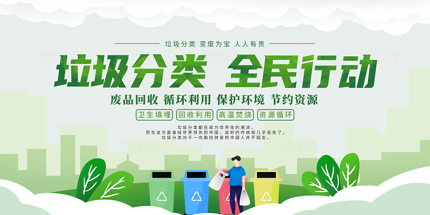 绿色卡通垃圾分类全民行动展板宣传