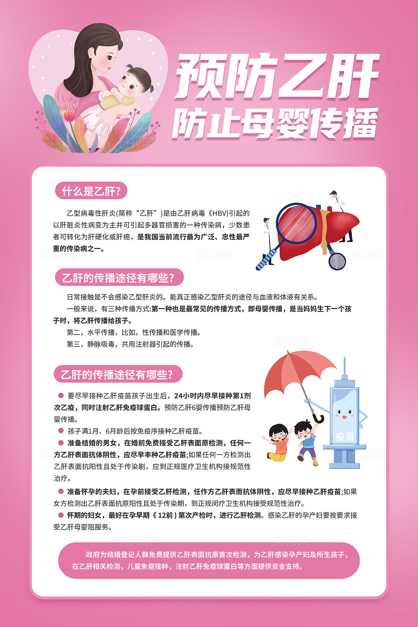 粉色简约插画风预防乙型肝炎防止母婴传播文案海报乙肝