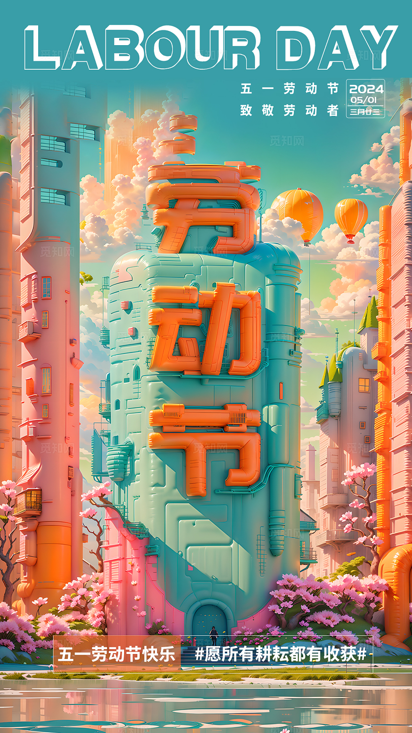 sd建模风51五一劳动节SD文字建模大气海报建模文字