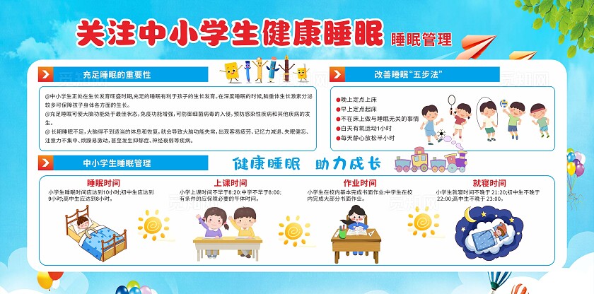 蓝色中小学生睡眠管理宣传栏展板