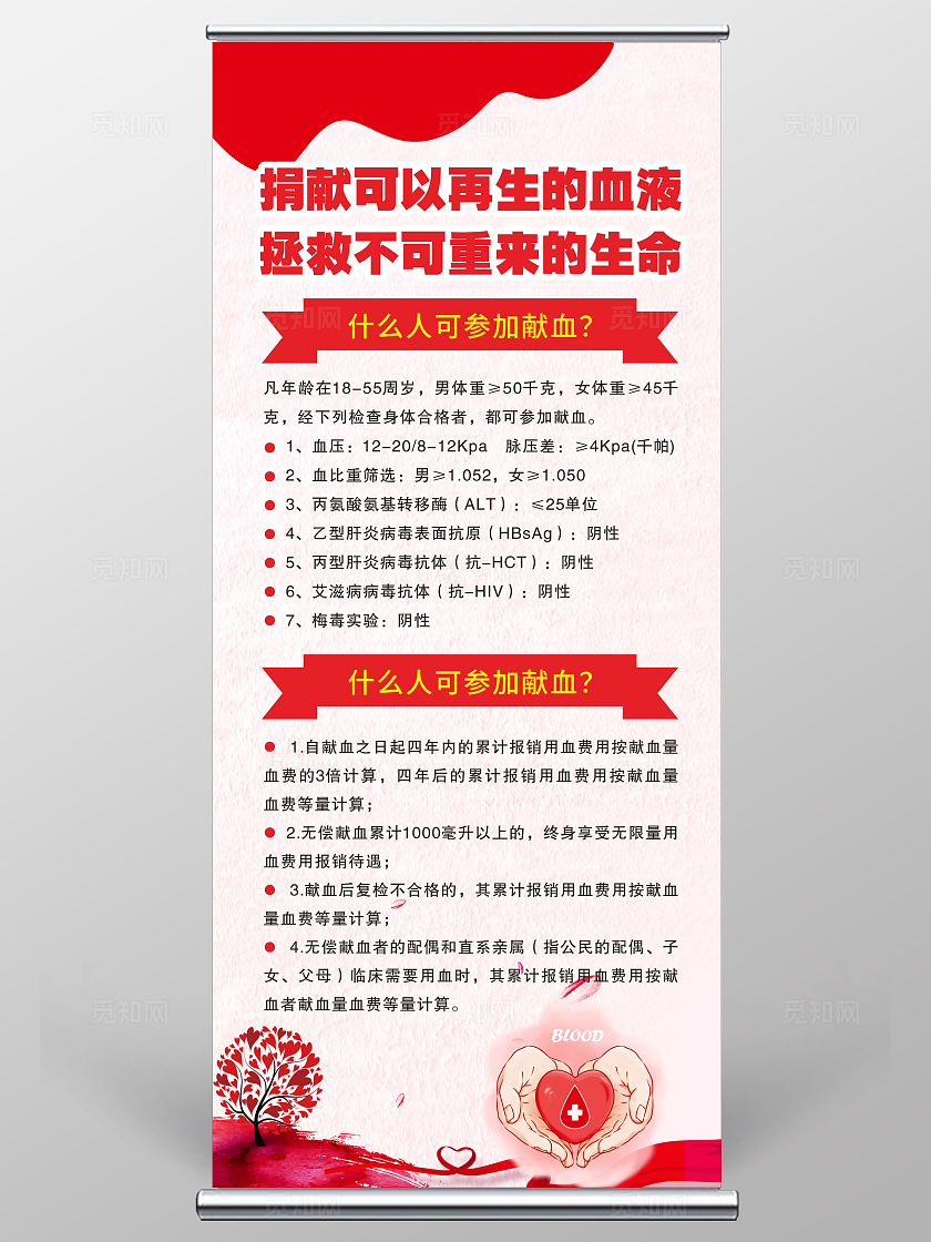 红色大气插画风志愿献血捐赠宣传展架