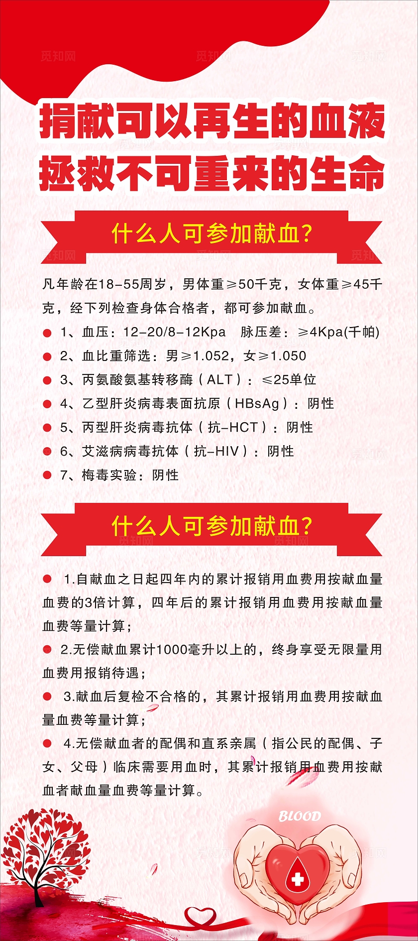 红色大气插画风志愿献血捐赠宣传展架