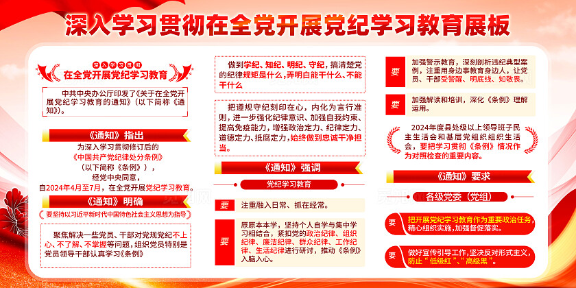 红色简约在全党开展党纪学习教育党纪学习教育展板宣传