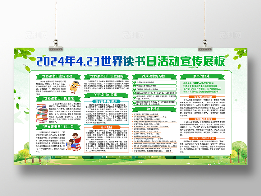 绿色简约2024年4.23世界读书日活动宣传展板世界读书日宣传栏