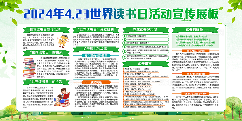 绿色简约2024年4.23世界读书日活动宣传展板世界读书日宣传栏