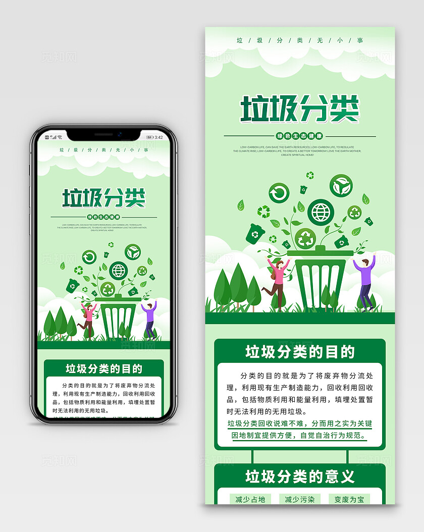 绿色清新简约垃圾分类海报绿色生态健康环保手机长图