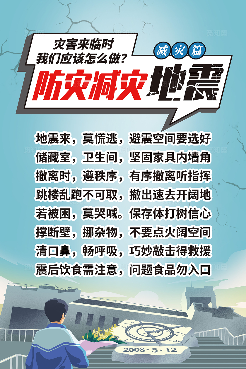 蓝色简约防灾防震减灾地震海报宣传