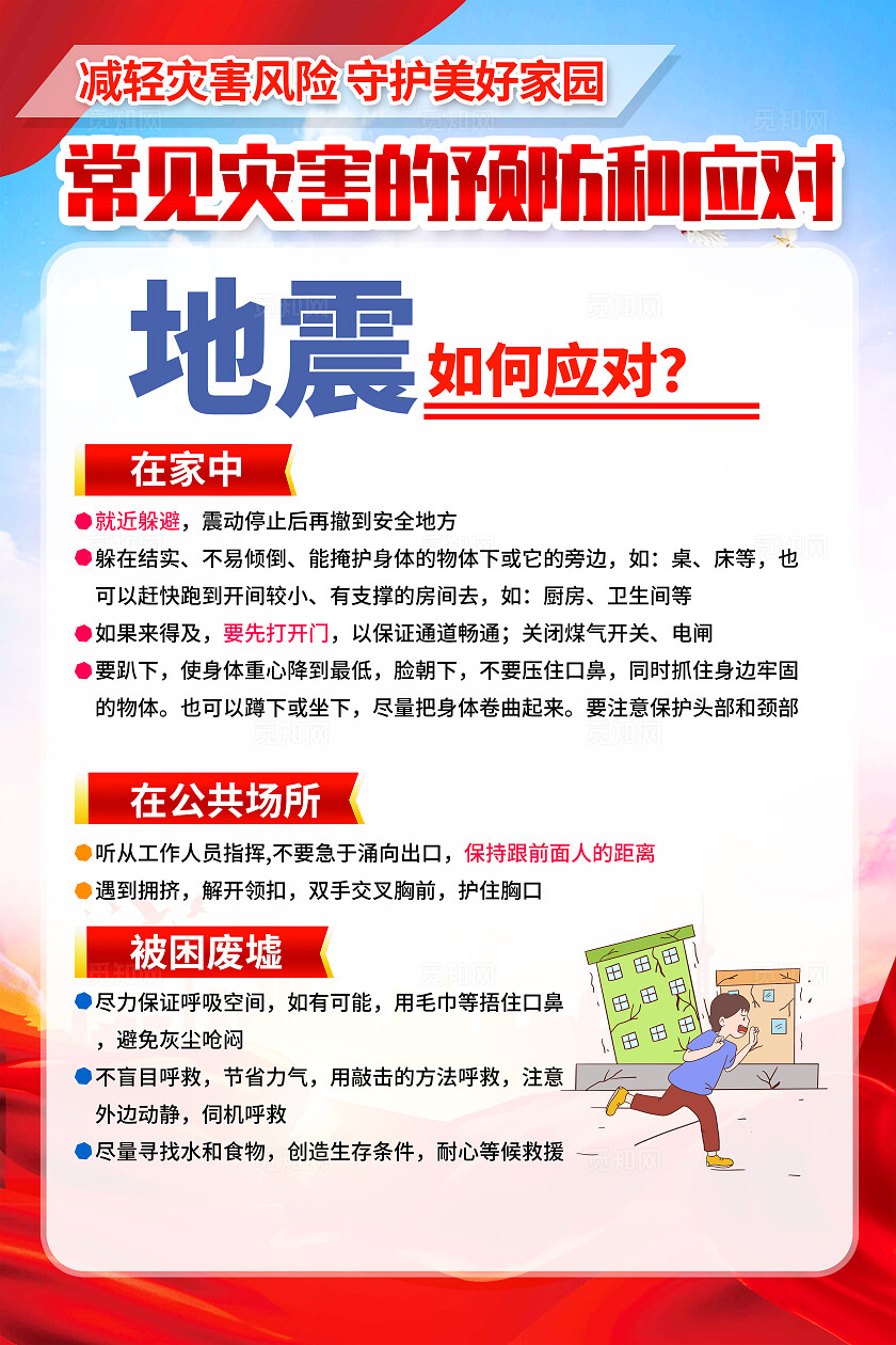红色简约常见灾害的预防和应对防震减灾地震海报宣传