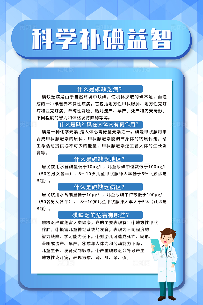 蓝色卡通科学补碘益智防治碘缺乏病日海报宣传