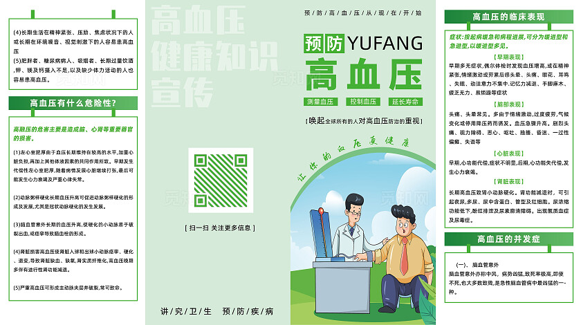 绿色卡通预防高血压高血压健康知识宣传高血压四折页