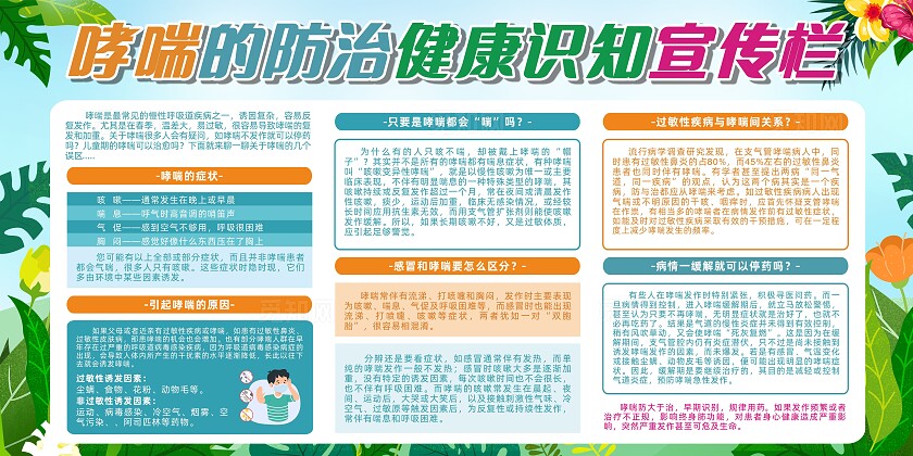 世界防治哮喘日绿色卡通小清新哮喘防治健康教育知识宣传展板社区健康教育宣传栏