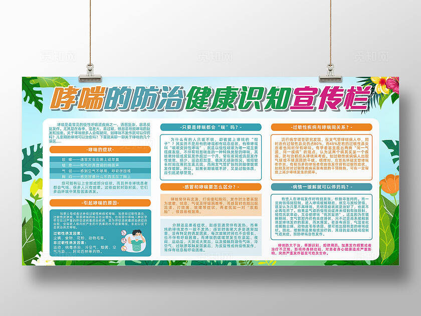 世界防治哮喘日绿色卡通小清新哮喘防治健康教育知识宣传展板社区健康教育宣传栏
