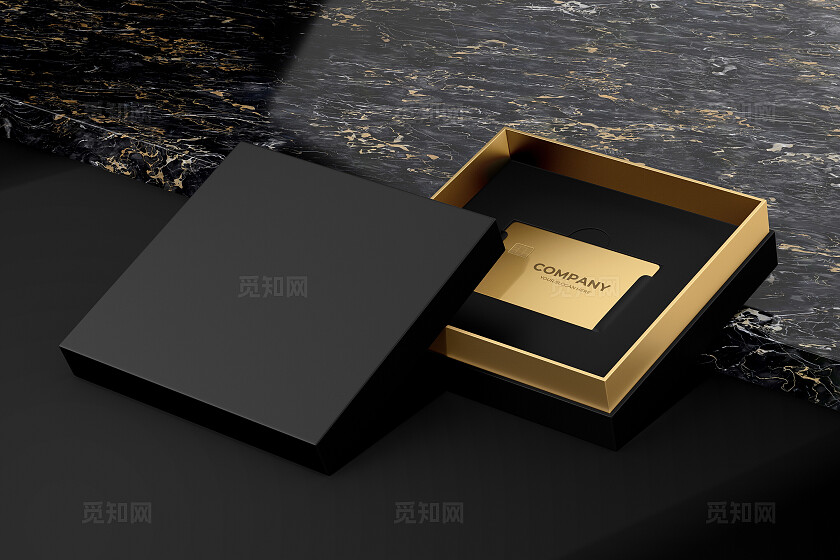 大理石黑色背景黑金色盒子金卡LOGO烫金样机