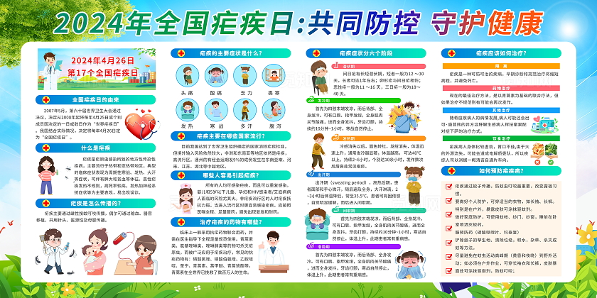蓝色卡通清新简约2024年全国疟疾日科普宣传栏展板设计世界防治疟疾日