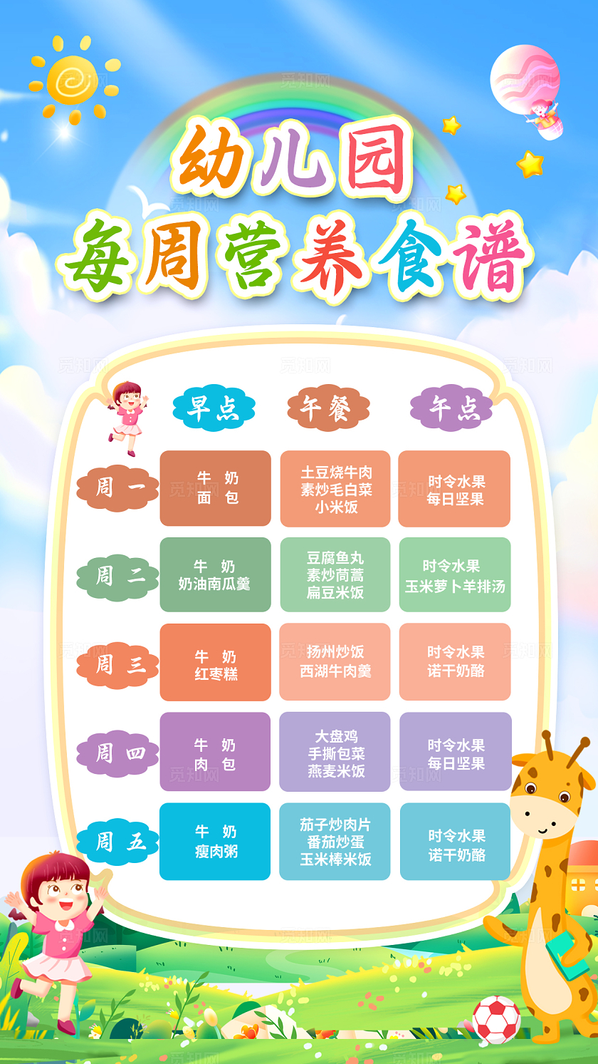 蓝色卡通幼儿园食谱手机文案海报