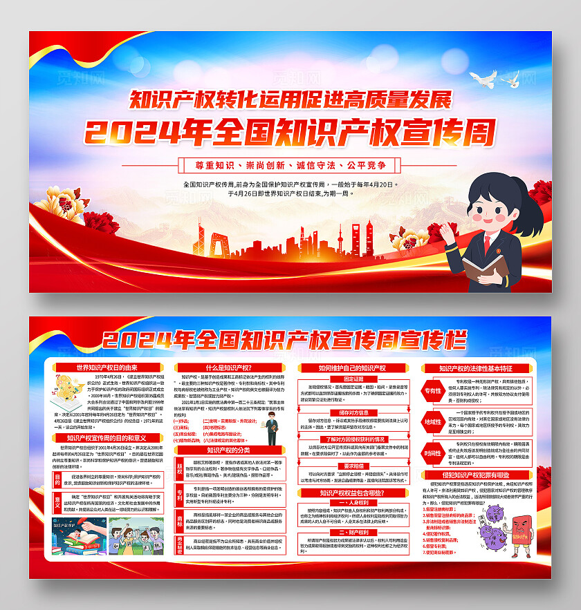 红蓝色大气2024全国知识产权安全宣传宣传栏展板背景世界知识产权日世界知识产权宣传周