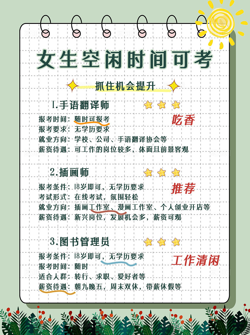 绿色清新活页本手绘手账风格女生空闲时间可考资格证推荐海报小红书封面