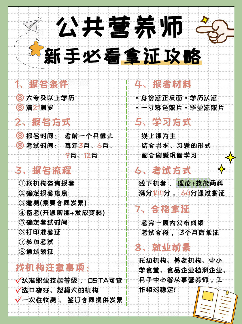 绿色清新简约手绘元素格子背景公共营养师新手必看拿证攻略宣传海报小红书封面