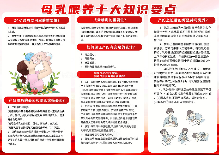 红色简约母乳喂养十大知识要点全国母乳喂养日三折页宣传