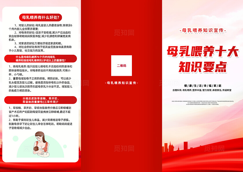 红色简约母乳喂养十大知识要点全国母乳喂养日三折页宣传
