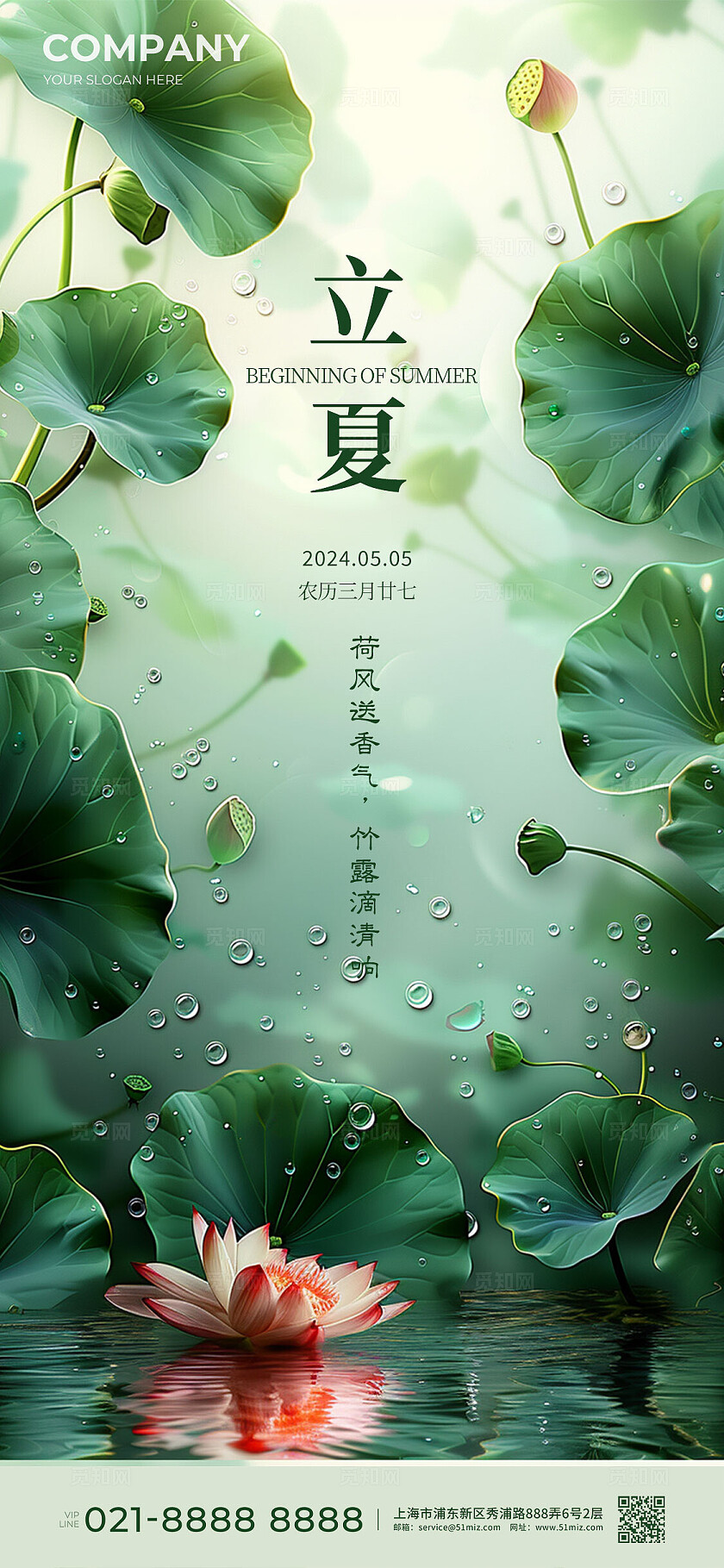 绿色摄影实拍风荷叶立夏手机宣传海报