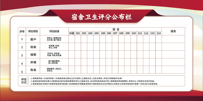 红色简约2024宿舍卫生评分公布栏展板