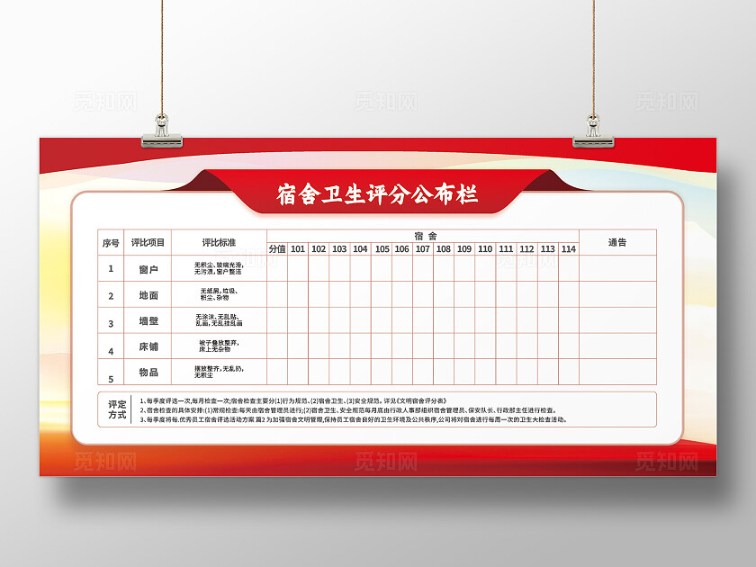 红色简约2024宿舍卫生评分公布栏展板