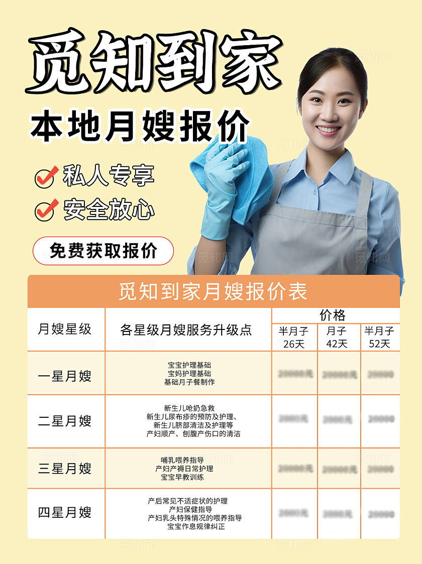 黄色平面到家本地月嫂报价宣传海报小红书封面