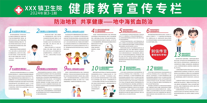 绿色简约2024健康教育宣传栏地中海贫血宣传展板
