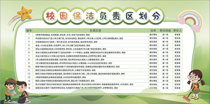 绿色大气2024校园保洁负责区划分宣传栏卫生值日表