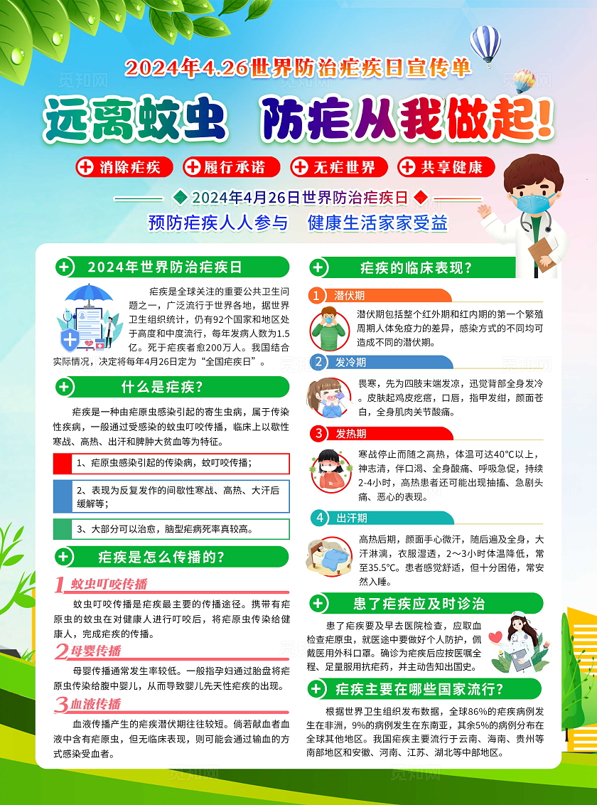 蓝色卡通风格2024年全国疟疾日宣传单