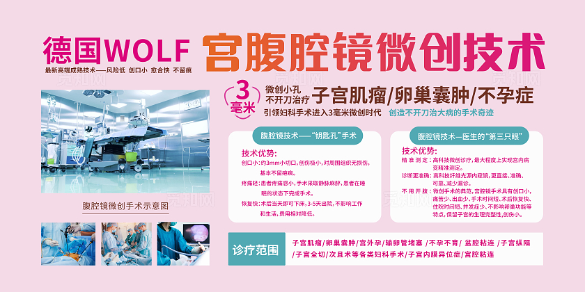 粉色简约治疗卵巢囊肿腹腔镜微创技术宣传栏