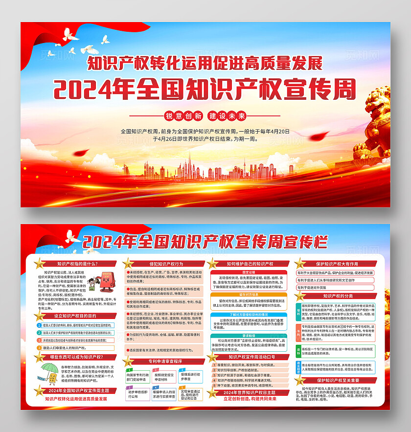蓝色红色大气2024全国知识产权宣传周宣传栏展板世界知识产权日
