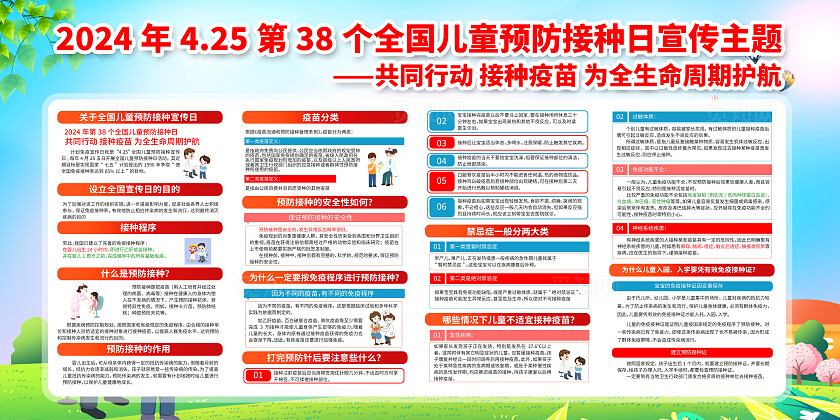 绿色卡通共同行动接种疫苗全国儿童预防接种日展板宣传