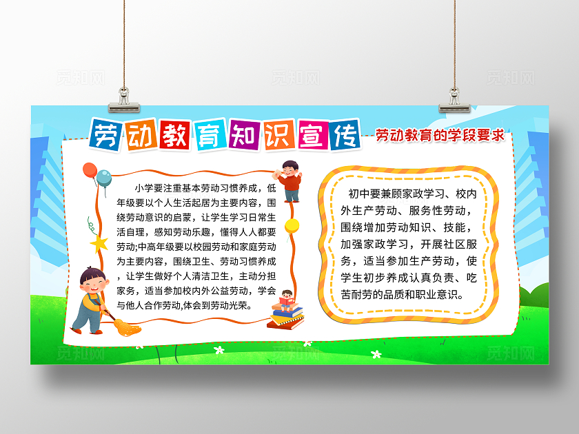 蓝色卡通小学劳动教育知识宣传劳动教育宣传栏
