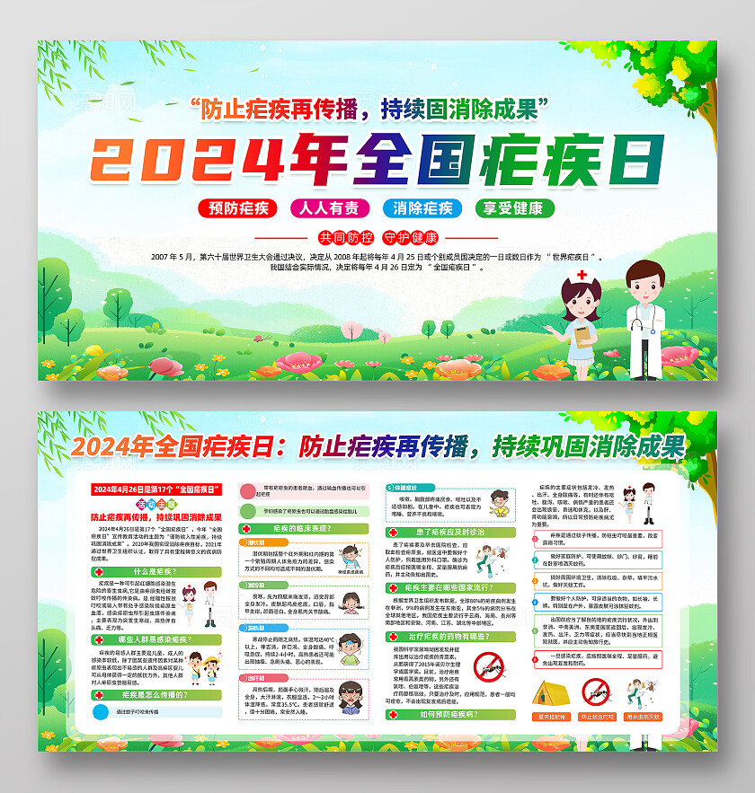 绿色卡通2024年全国疟疾日展板宣传