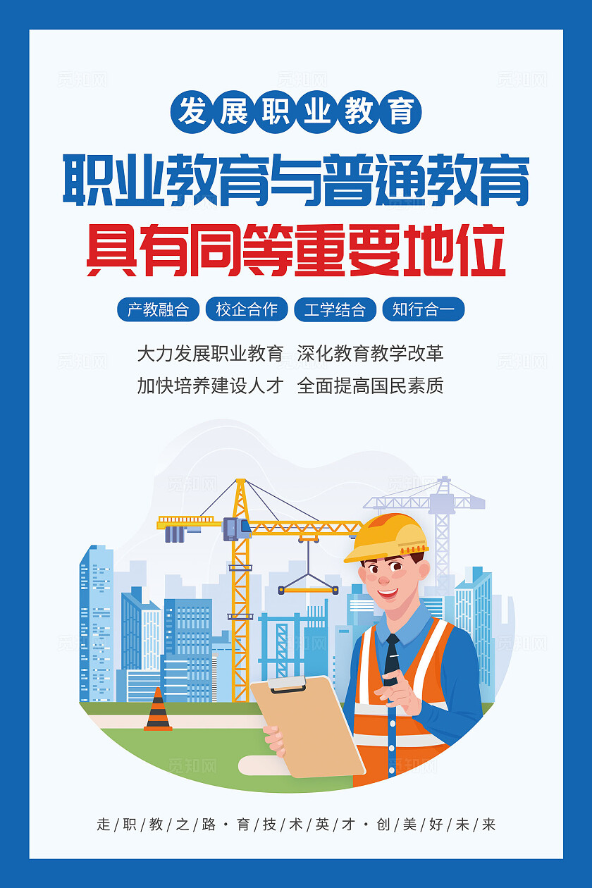 蓝色插画风职业教育周宣传系列挂画套图海报