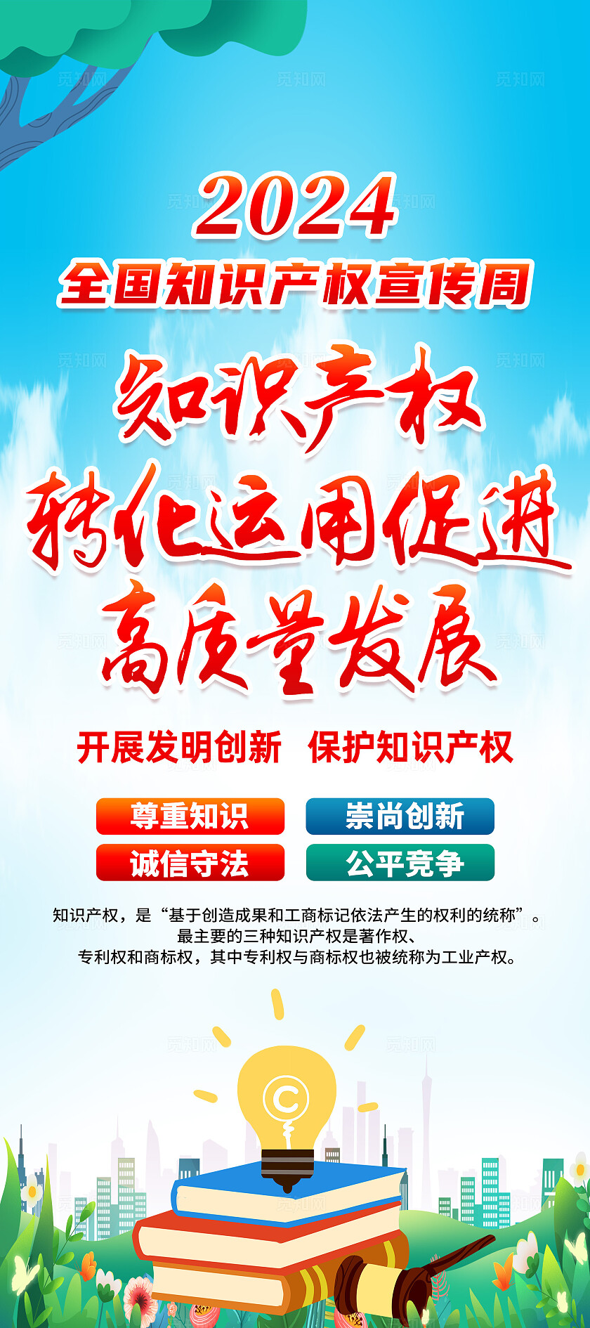 蓝色简约知识产权转化运用促进高质量发展全国知识产权宣传周展架