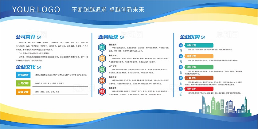 蓝色简约大气企业文化简介介绍展板宣传栏
