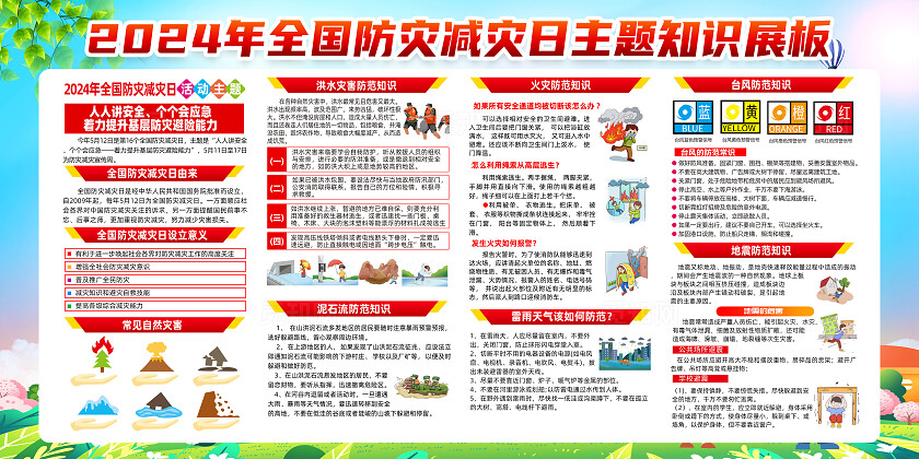 绿色卡通人人讲安全个个会应急全国防灾减灾日展板宣传
