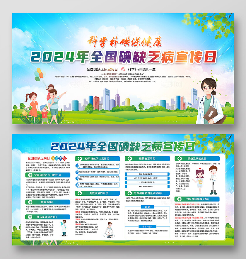 绿色卡通科学补碘保健康防治碘缺乏病日2024全国碘缺乏病日展板宣传