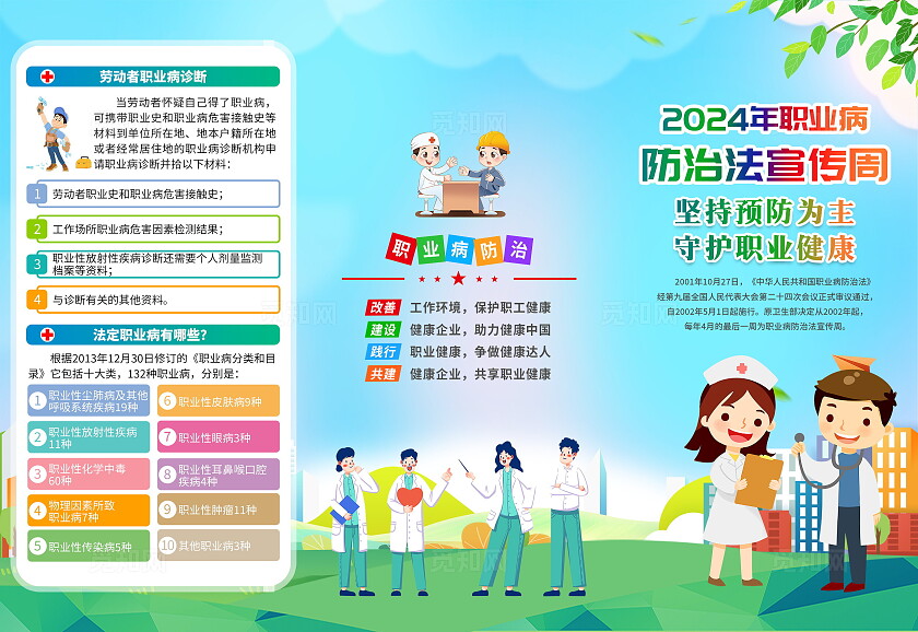 蓝色简约插画2024年职业病防治法宣传周宣传科普三折页设计全国《职业病防治法》宣传周