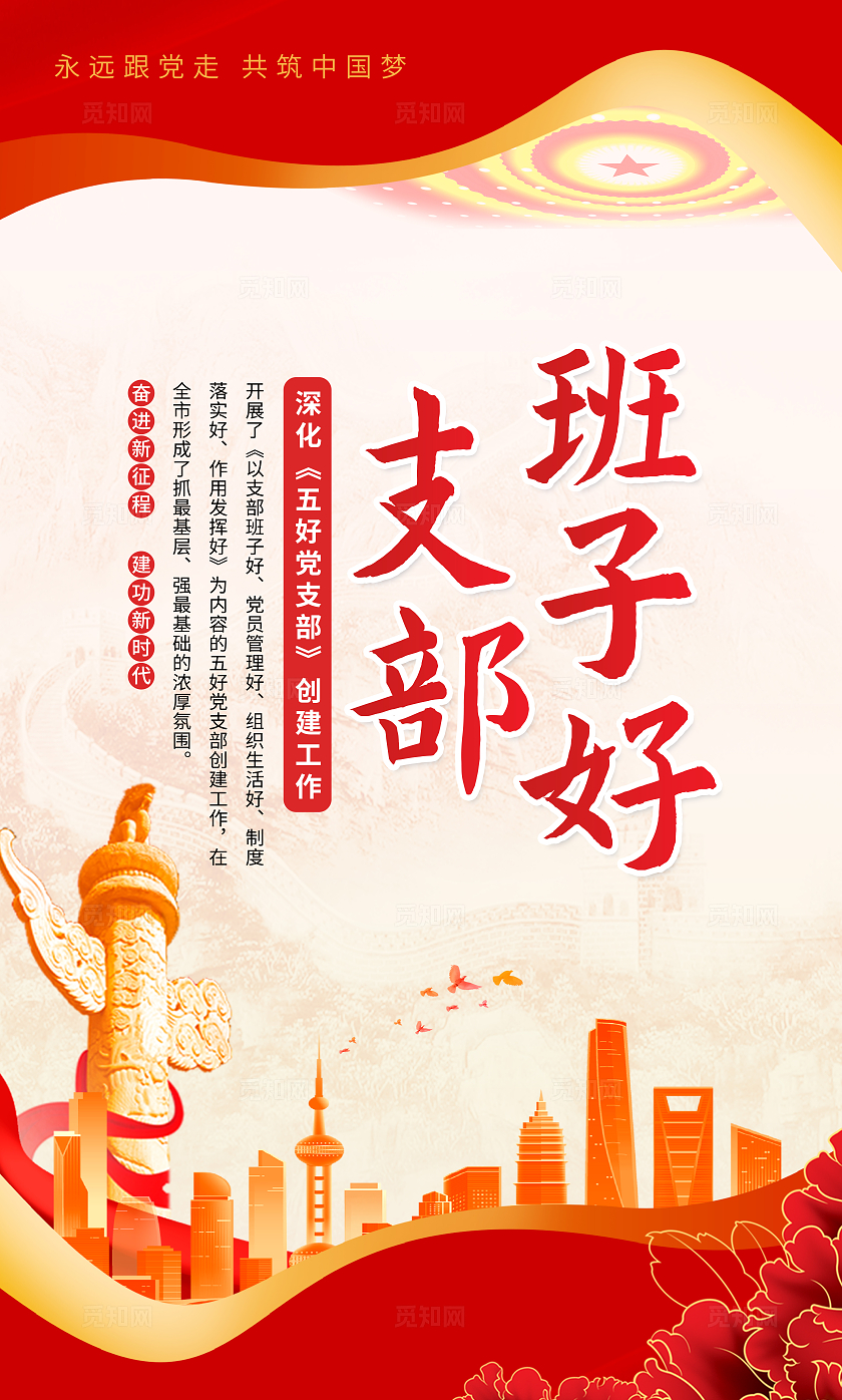 红色简约党建五好党支部宣传套图海报党支部工作挂图