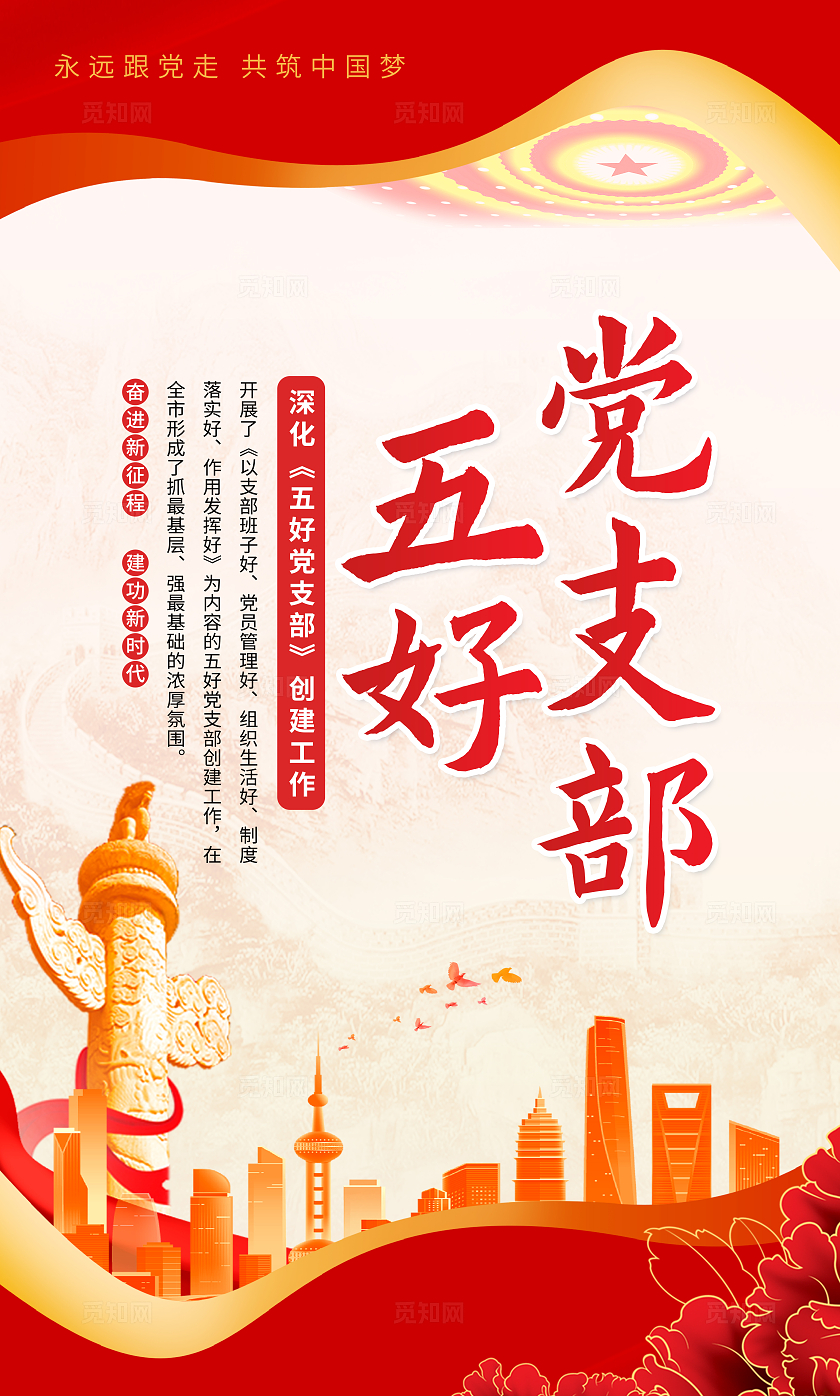 红色简约党建五好党支部宣传套图海报党支部工作挂图