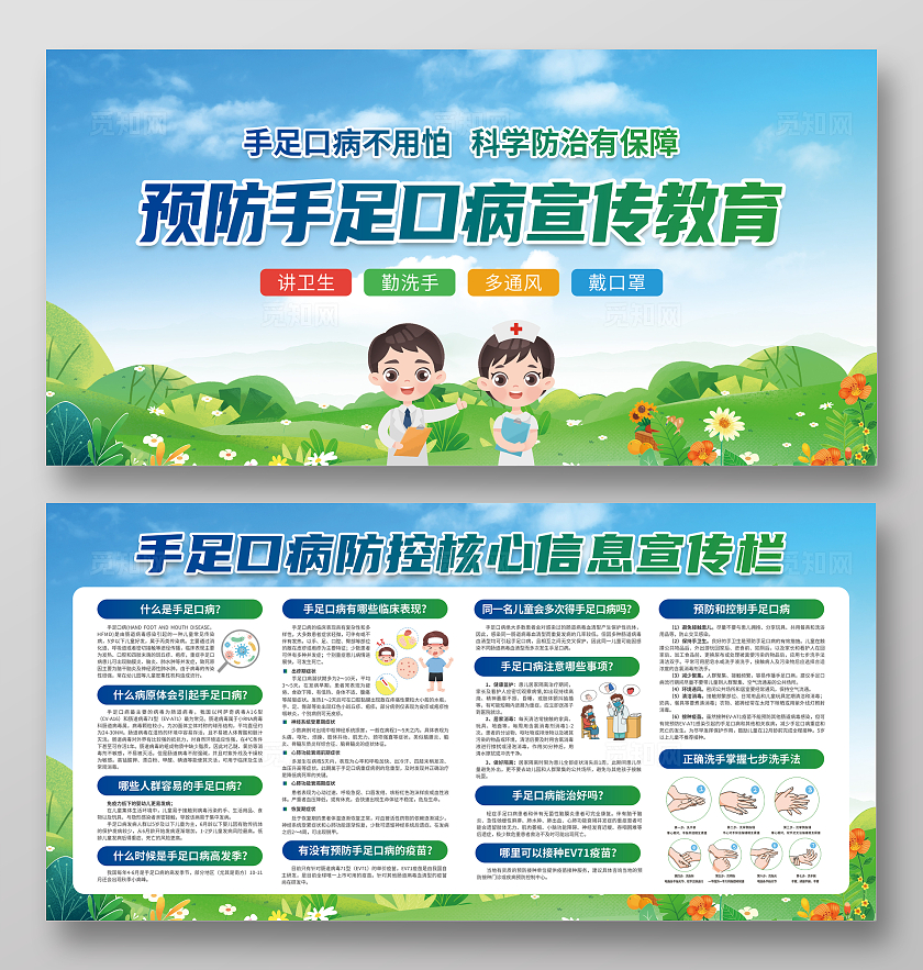 蓝绿色插画风预防手足口病知识健康宣传栏展板手足口病宣传栏